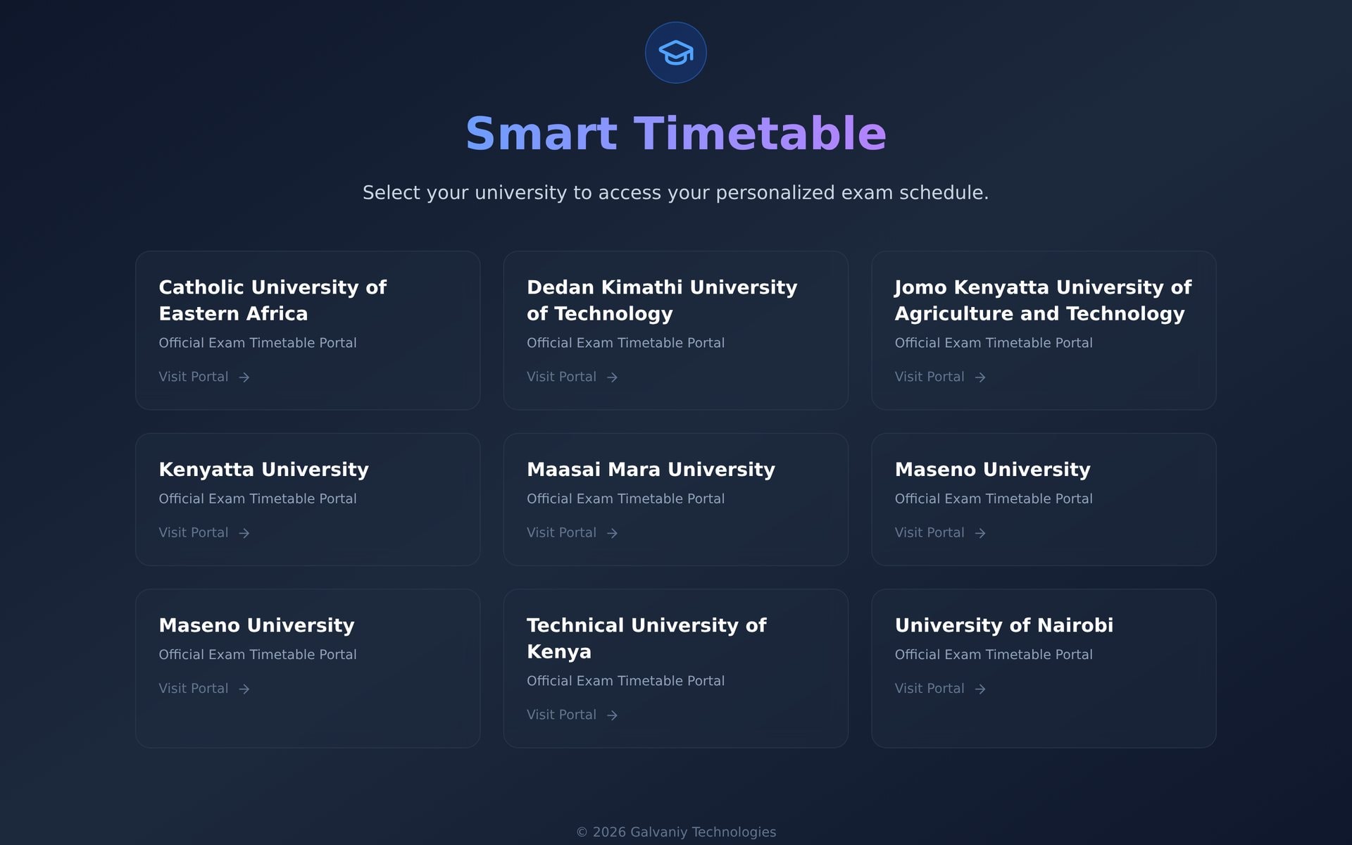 Smart Timetable — Exam Timetables for 9 Kenyan Universities: University picker on desktop