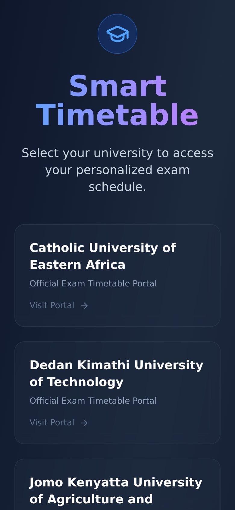 Smart Timetable — Exam Timetables for 9 Kenyan Universities: University picker on mobile