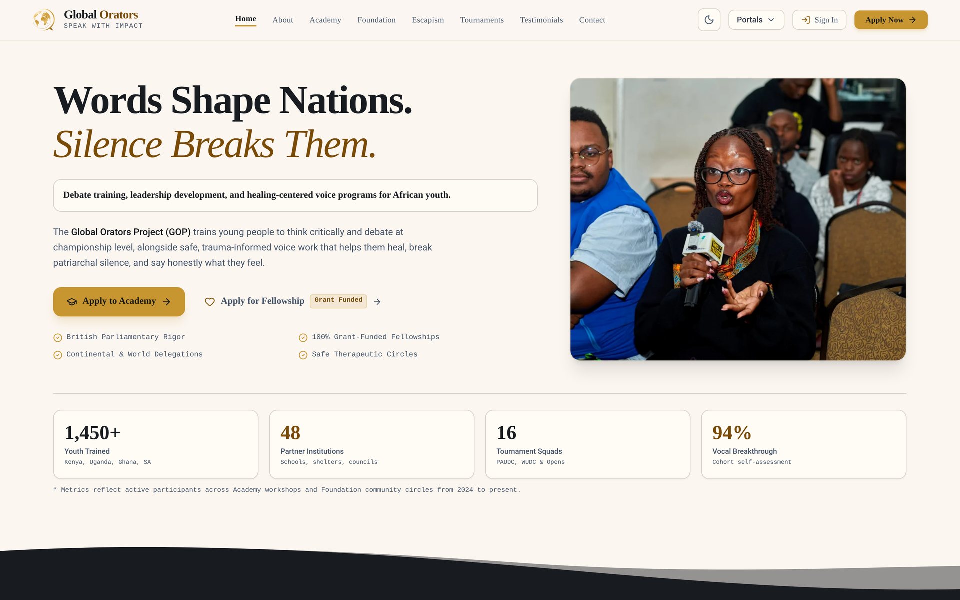 Global Orators Coach & Debate Suite: Public site on desktop