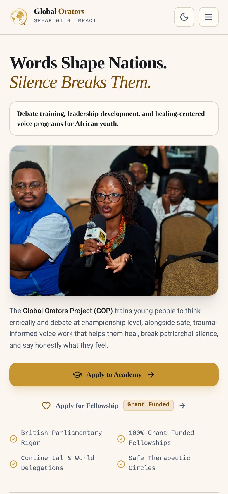 Global Orators Coach & Debate Suite: Public site on mobile