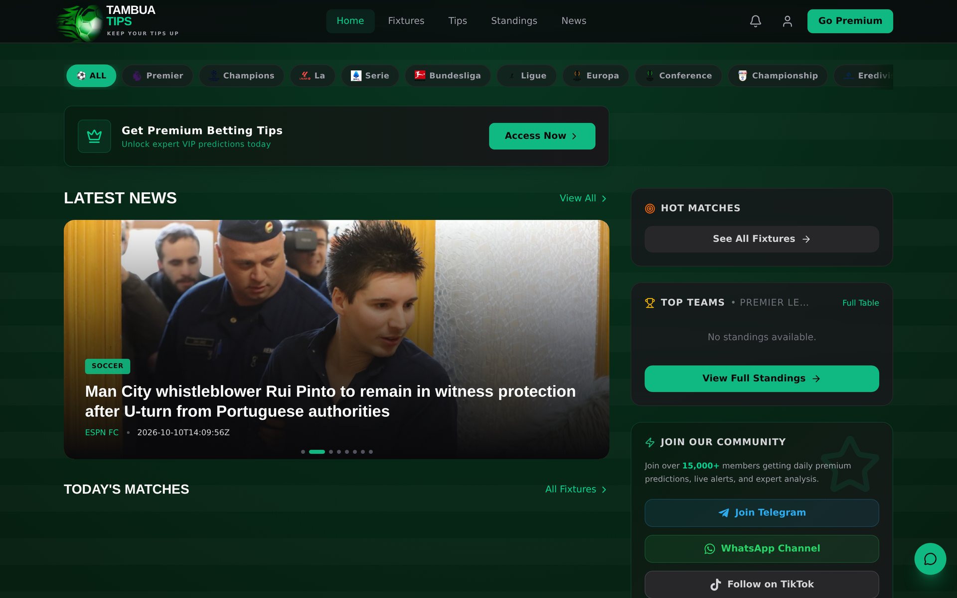 TambuaTips — Sports Predictions Platform: Home on desktop