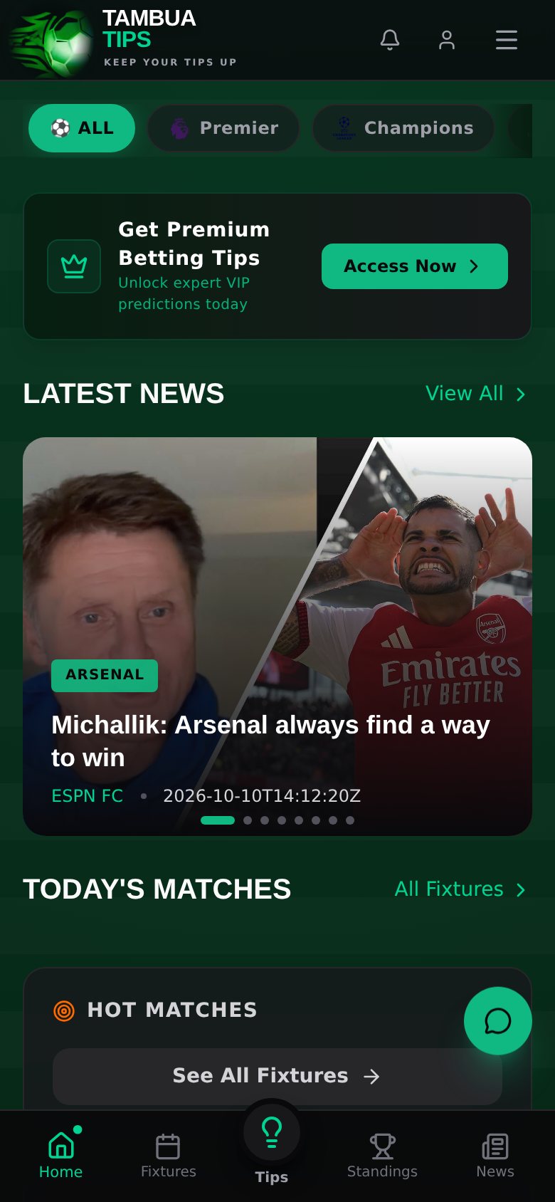 TambuaTips — Sports Predictions Platform: Home on mobile