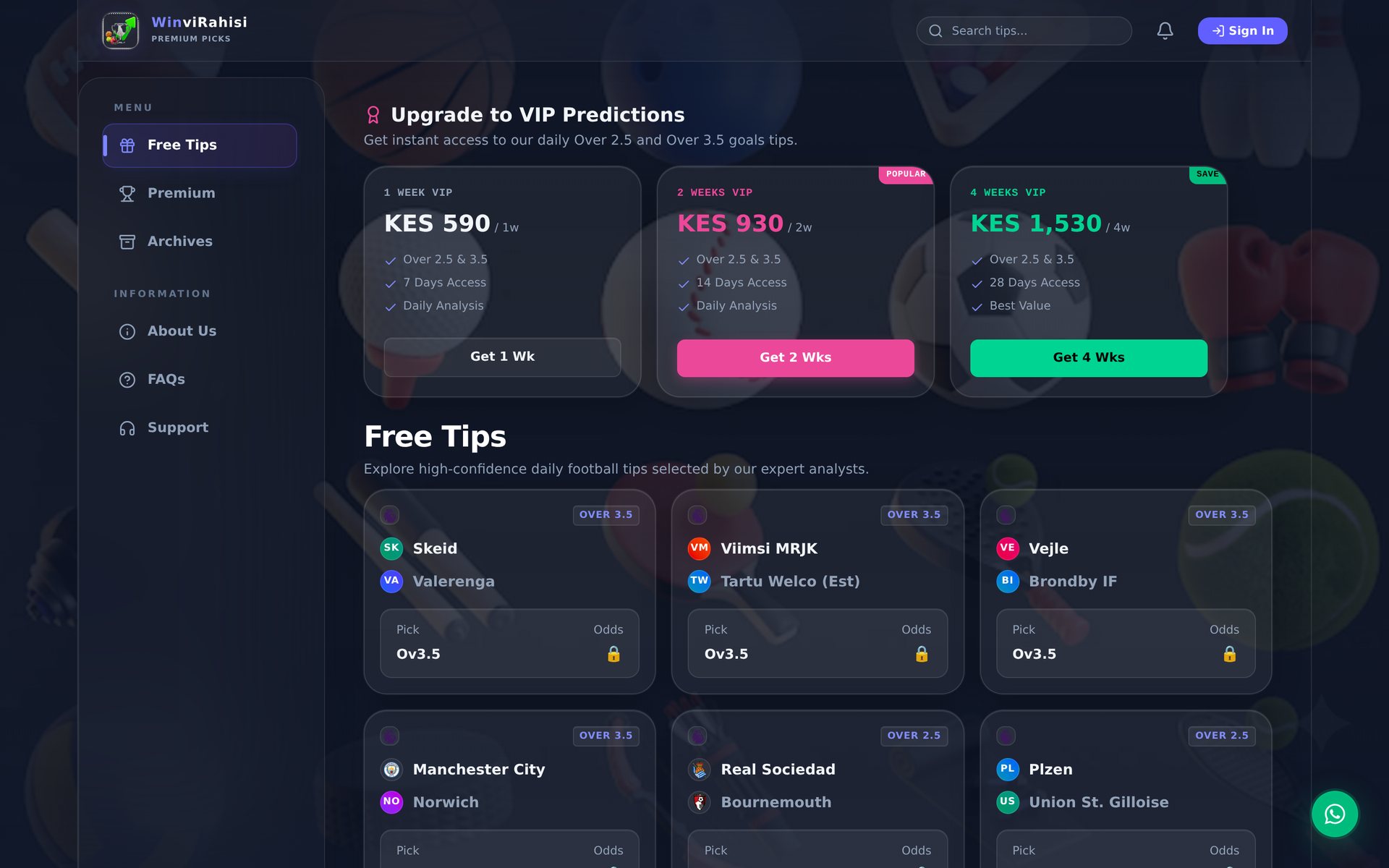 WinviRahisi — Over 2.5 & 3.5 Goals Tips: Free & VIP tips on desktop