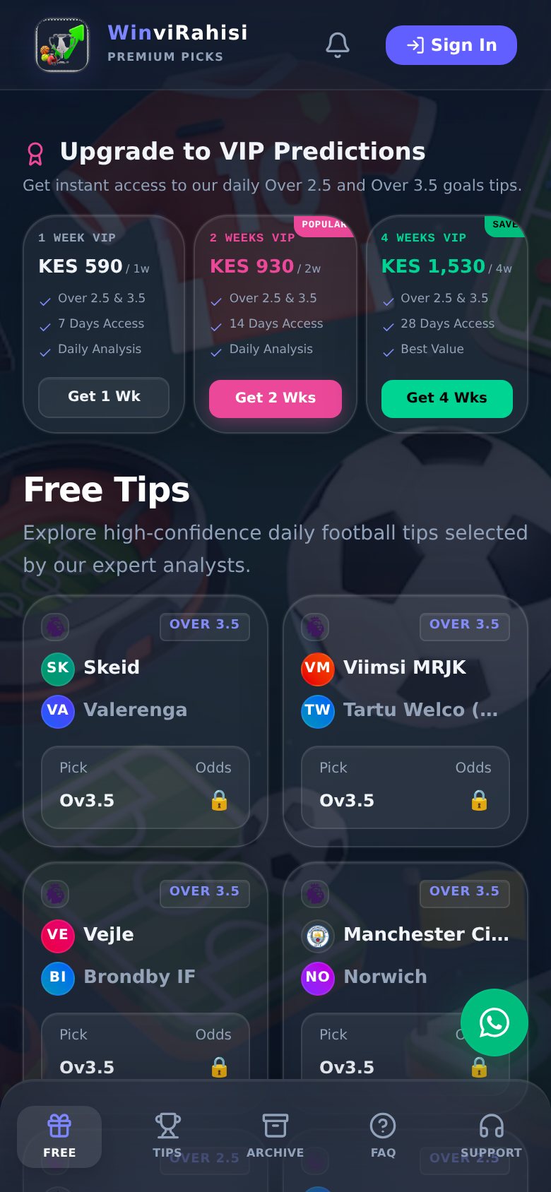 WinviRahisi — Over 2.5 & 3.5 Goals Tips: Free & VIP tips on mobile